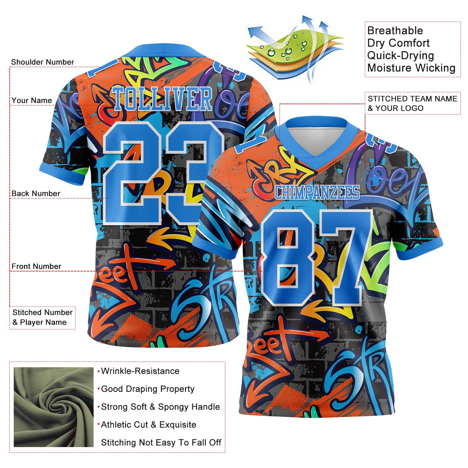 Custom Graffiti Pattern Powder Blue-White 3D Pattern Splash Authentic Football Jersey