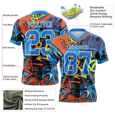 Custom Graffiti Pattern Powder Blue-White 3D Pattern Splash Authentic Football Jersey