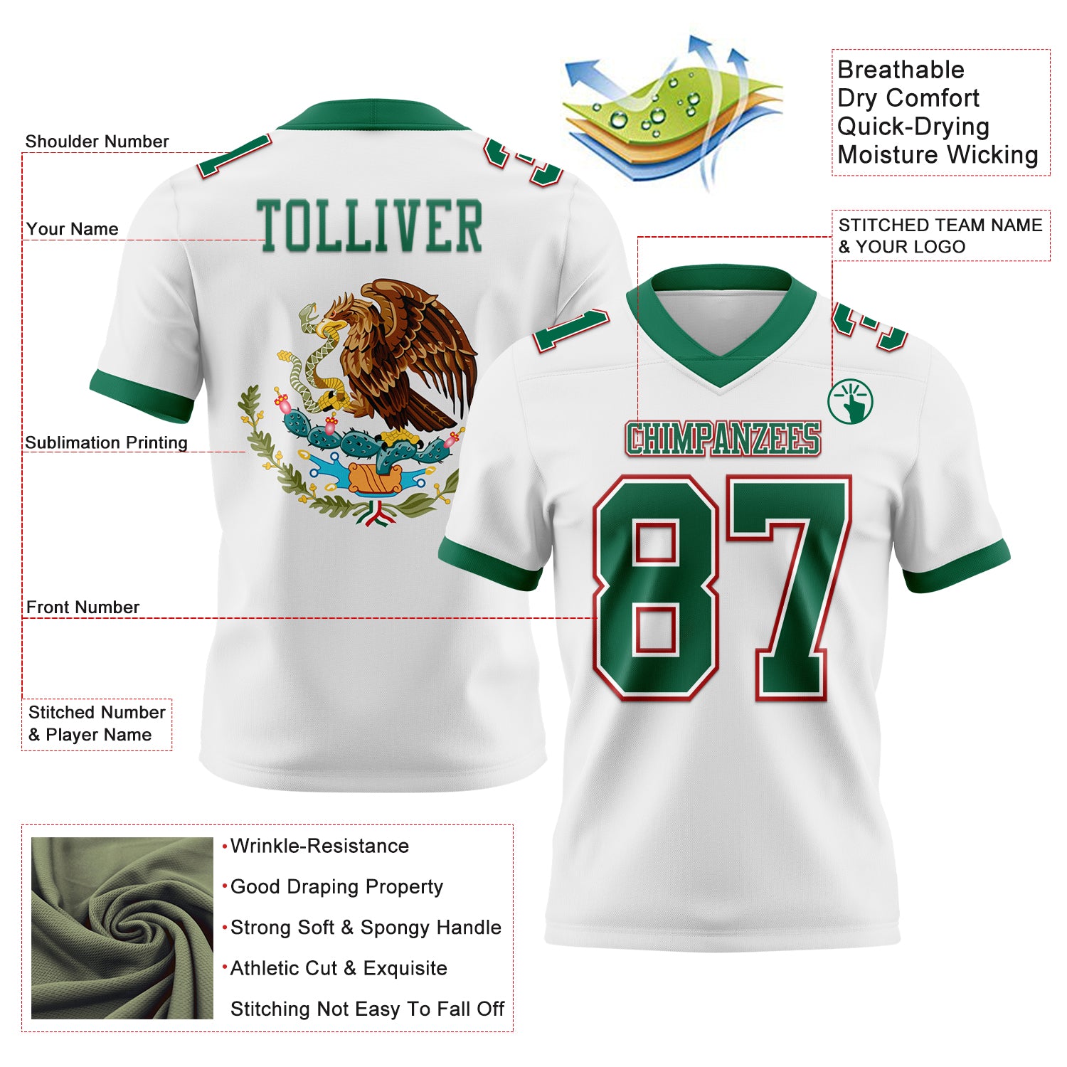 Custom White Kelly Green-Red 3D Pattern Mexico Authentic Football Jersey