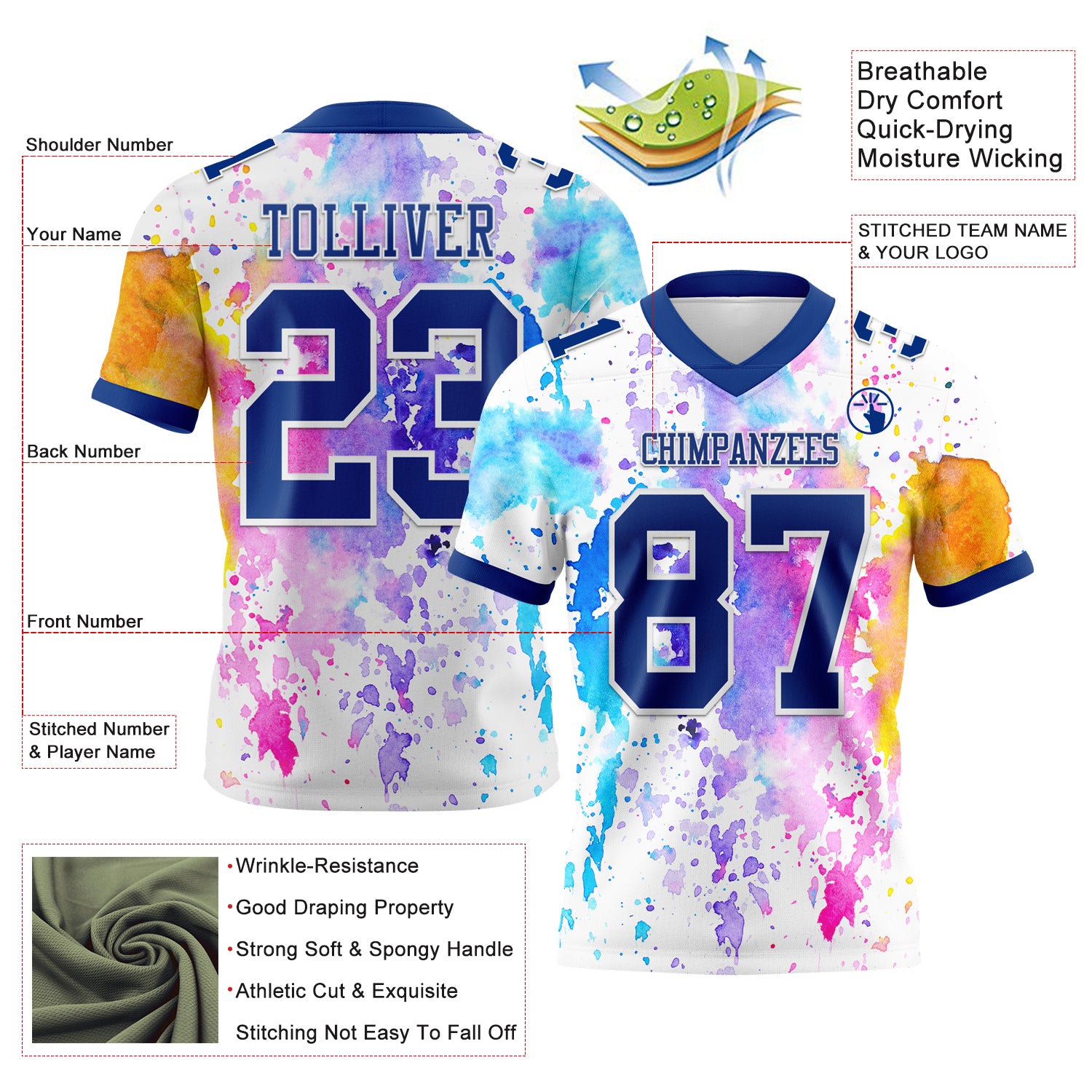 Custom White Royal 3D Pattern Watercolor Splash Authentic Football Jersey