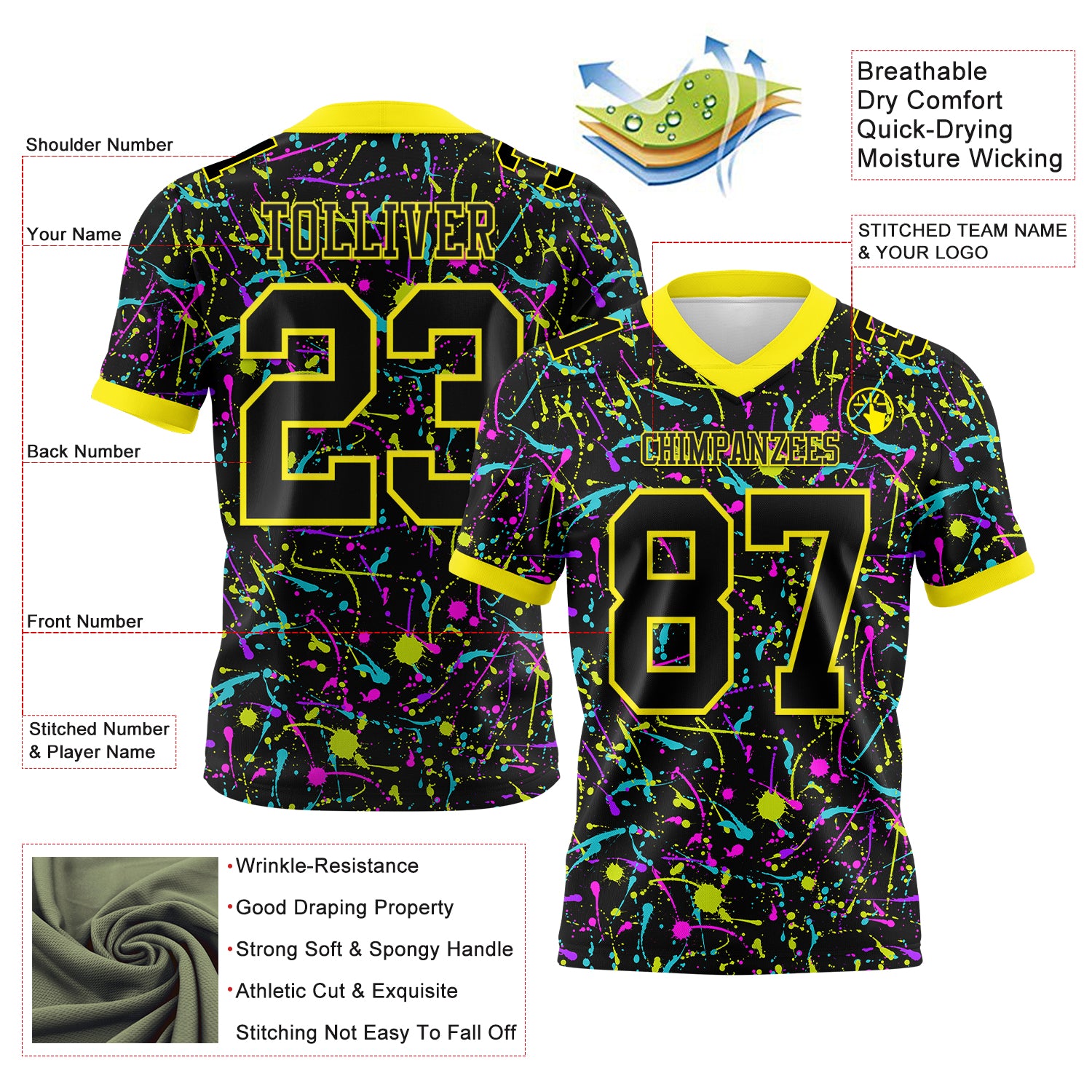 Custom Graffiti Pattern Black-Light Yellow 3D Pattern Splash Authentic Football Jersey
