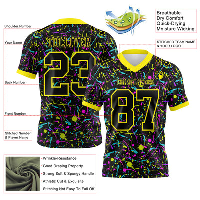 Custom Graffiti Pattern Black-Light Yellow 3D Pattern Splash Authentic Football Jersey