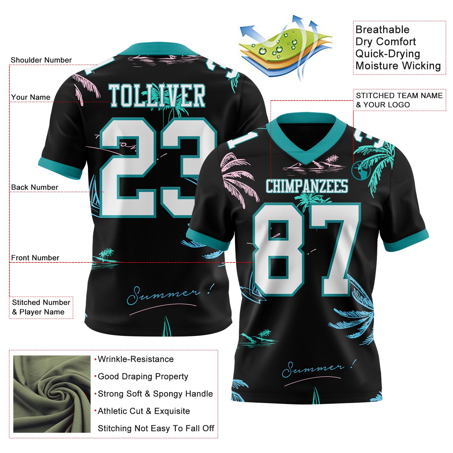 Custom Black White-Teal 3D Pattern Tropical Hawaii Palm Trees Authentic Football Jersey