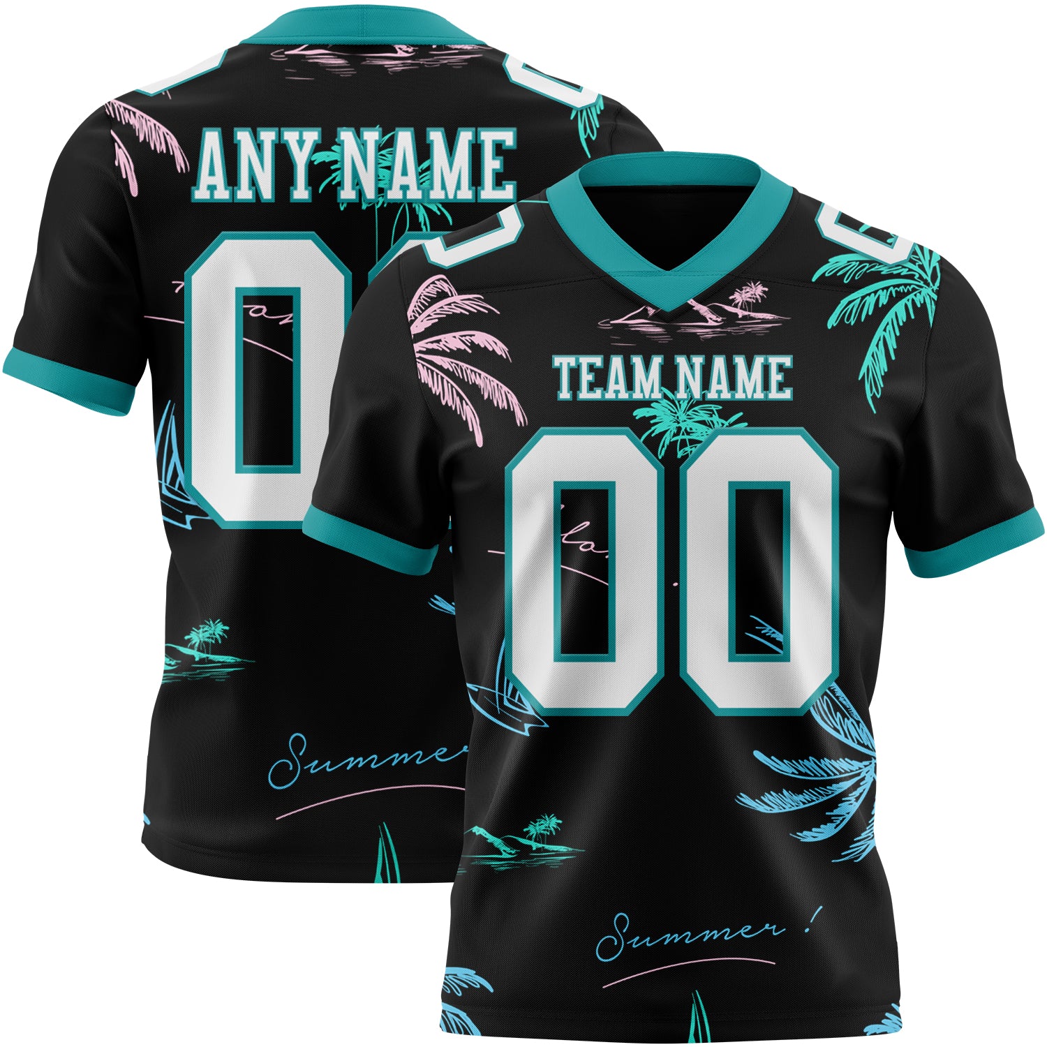 Custom Black White-Teal 3D Pattern Tropical Hawaii Palm Trees Authentic Football Jersey