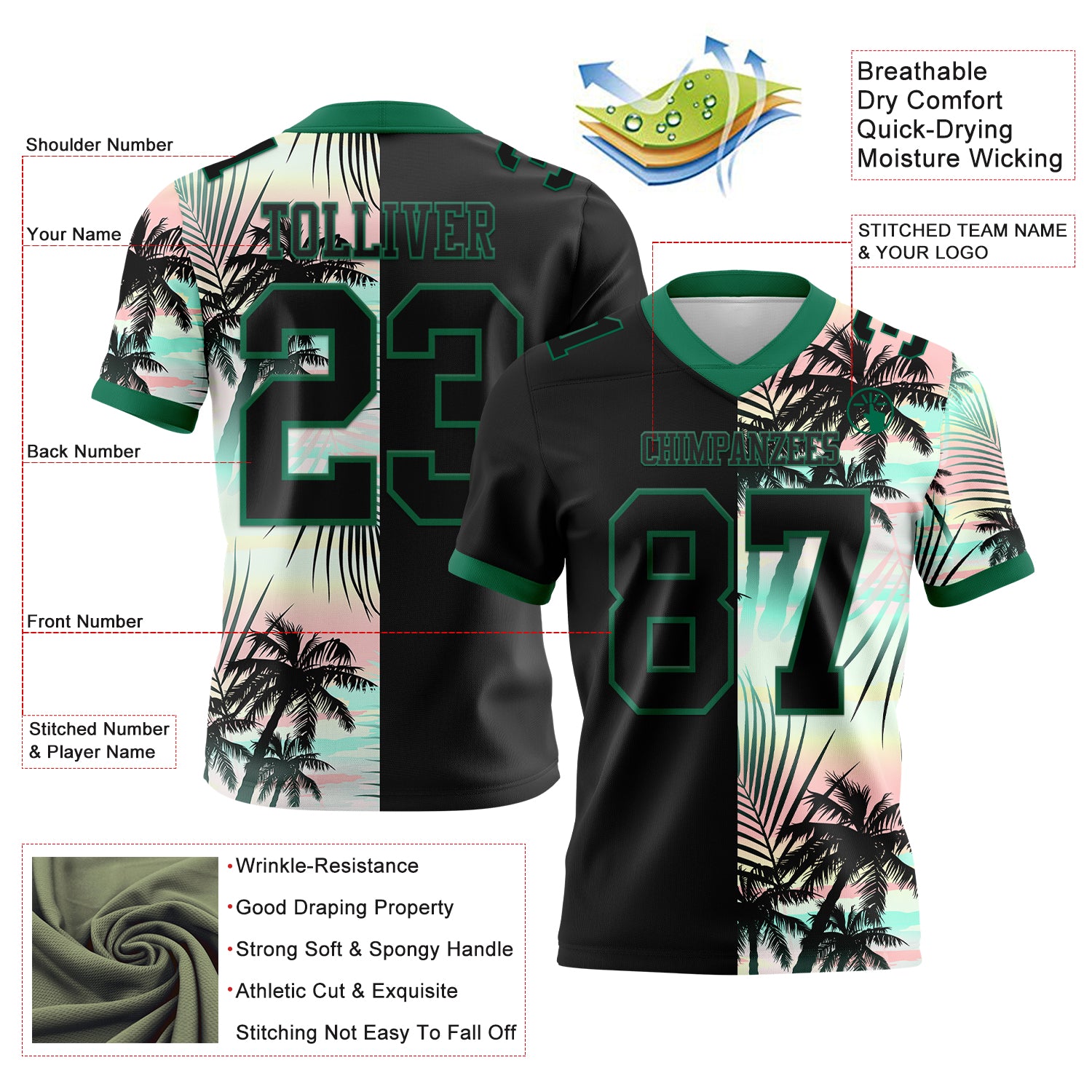 Custom Black Kelly Green 3D Pattern Tropical Hawaii Palm Leaves Authentic Football Jersey