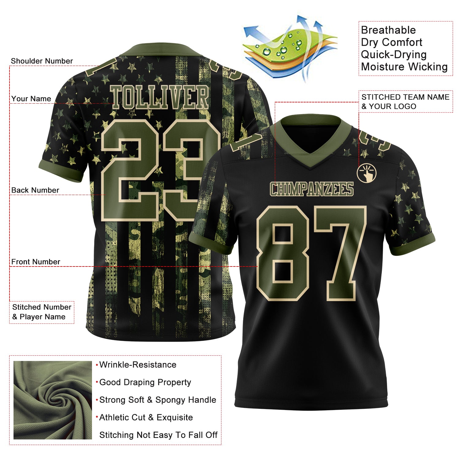 Custom Black Olive-Cream 3D Pattern American Flag Authentic Football Jersey