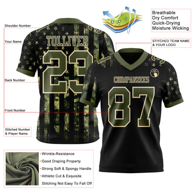 Custom Black Olive-Cream 3D Pattern American Flag Authentic Football Jersey