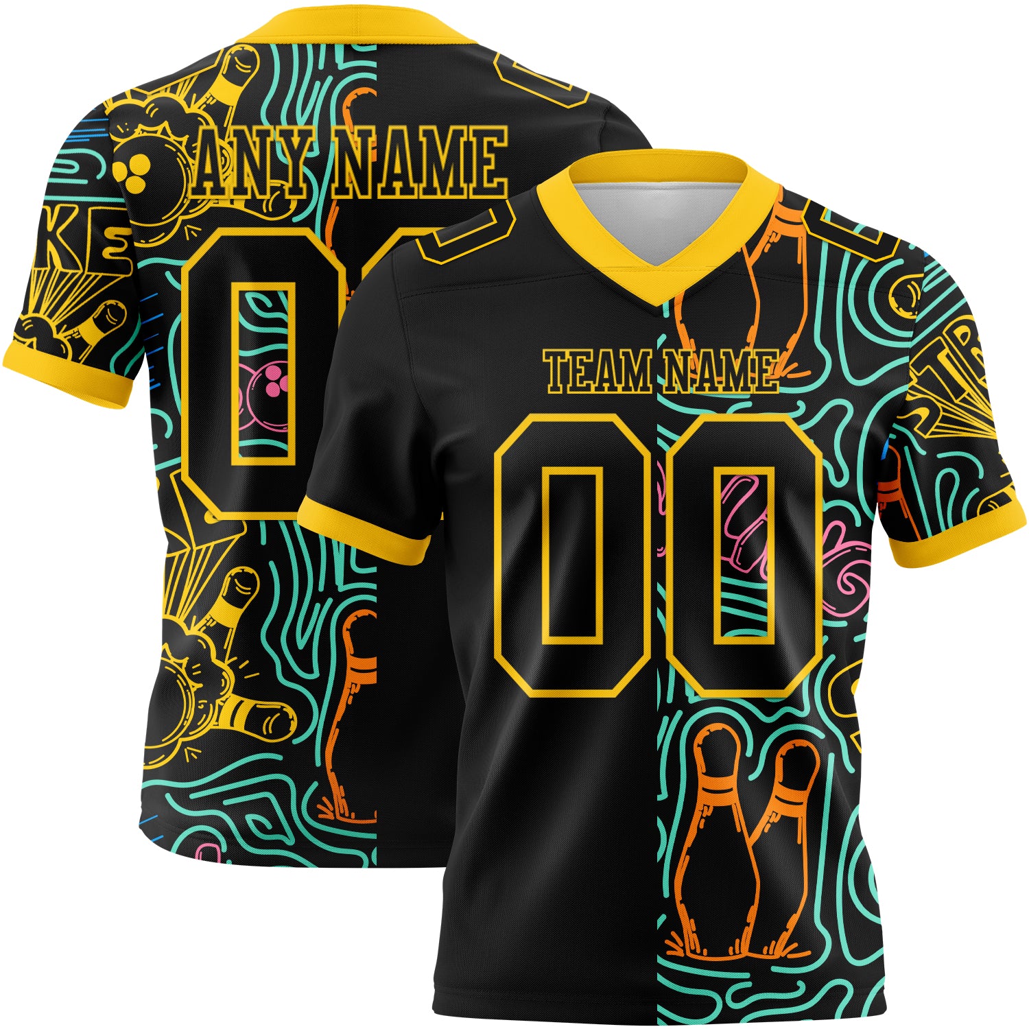 Custom Black Yellow 3D Pattern Bowling Authentic Football Jersey