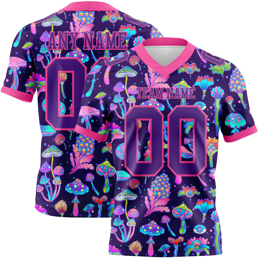 Custom Purple Pink 3D Pattern Colorful Flowers And Mushrooms Psychedelic Hallucination Authentic Football Jersey