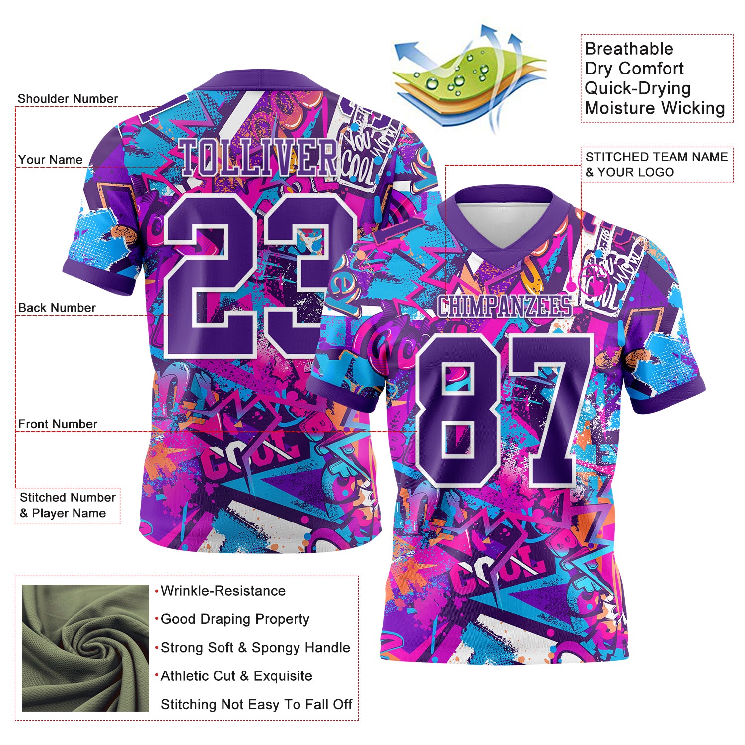 Custom Graffiti Pattern Purple-White 3D Pattern Splash Authentic Football Jersey