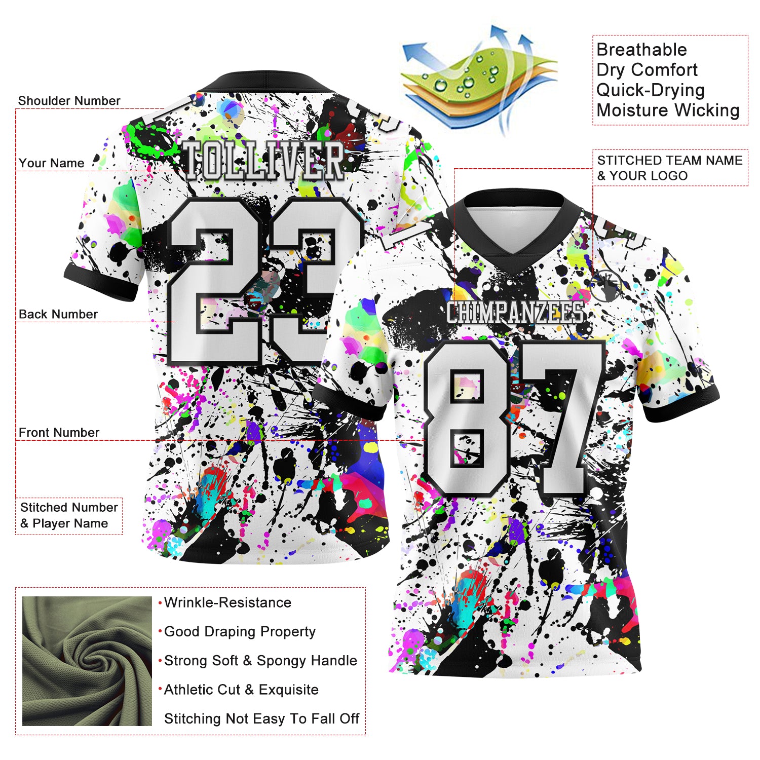 Custom Graffiti Pattern White-Black 3D Pattern Splash Authentic Football Jersey