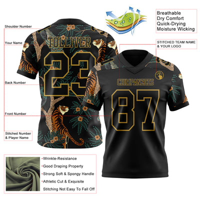 Custom Black Old Gold 3D Pattern Tiger And Peacock Authentic Football Jersey