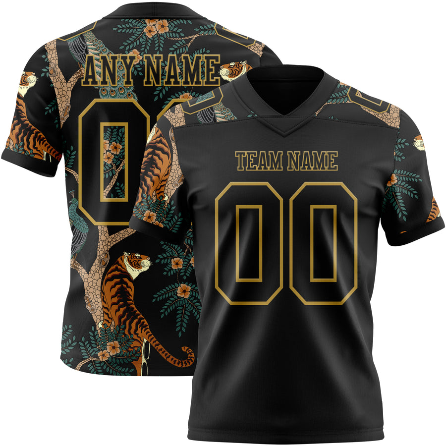 Custom Black Old Gold 3D Pattern Tiger And Peacock Authentic Football Jersey