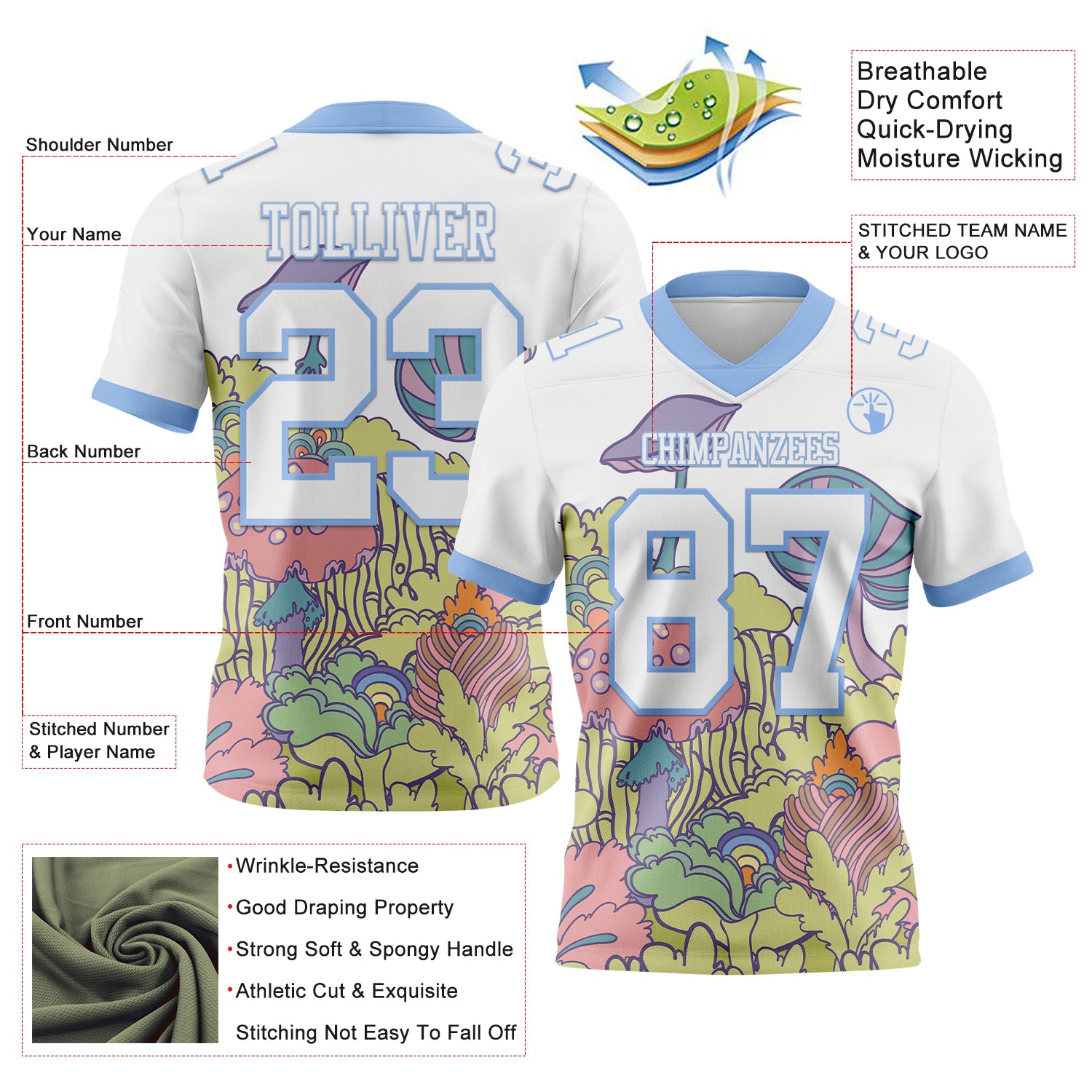 Custom White Light Blue 3D Pattern Colorful Flowers And Mushrooms Psychedelic Hallucination Authentic Football Jersey