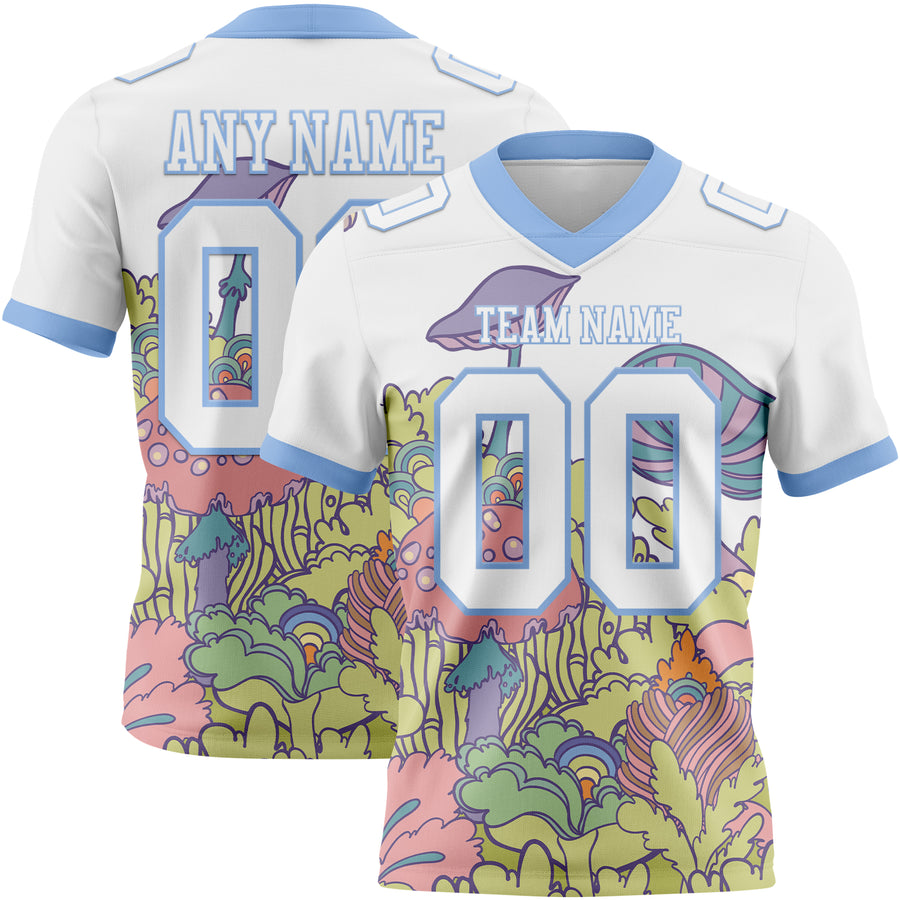 Custom White Light Blue 3D Pattern Colorful Flowers And Mushrooms Psychedelic Hallucination Authentic Football Jersey