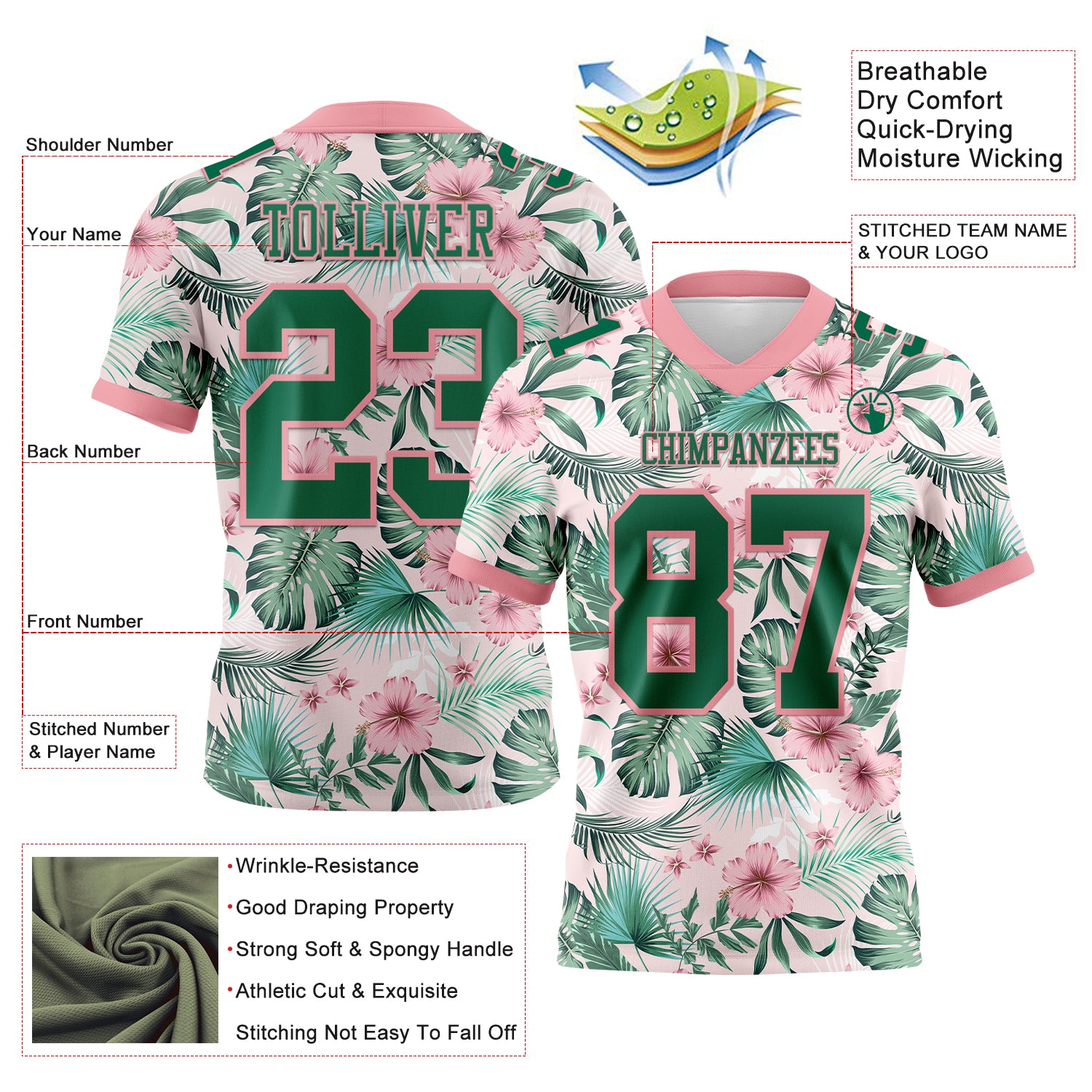 Custom Medium Pink Kelly Green 3D Pattern Hawaii Palm Leaves And Flowers Authentic Football Jersey