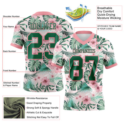 Custom Medium Pink Kelly Green 3D Pattern Hawaii Palm Leaves And Flowers Authentic Football Jersey