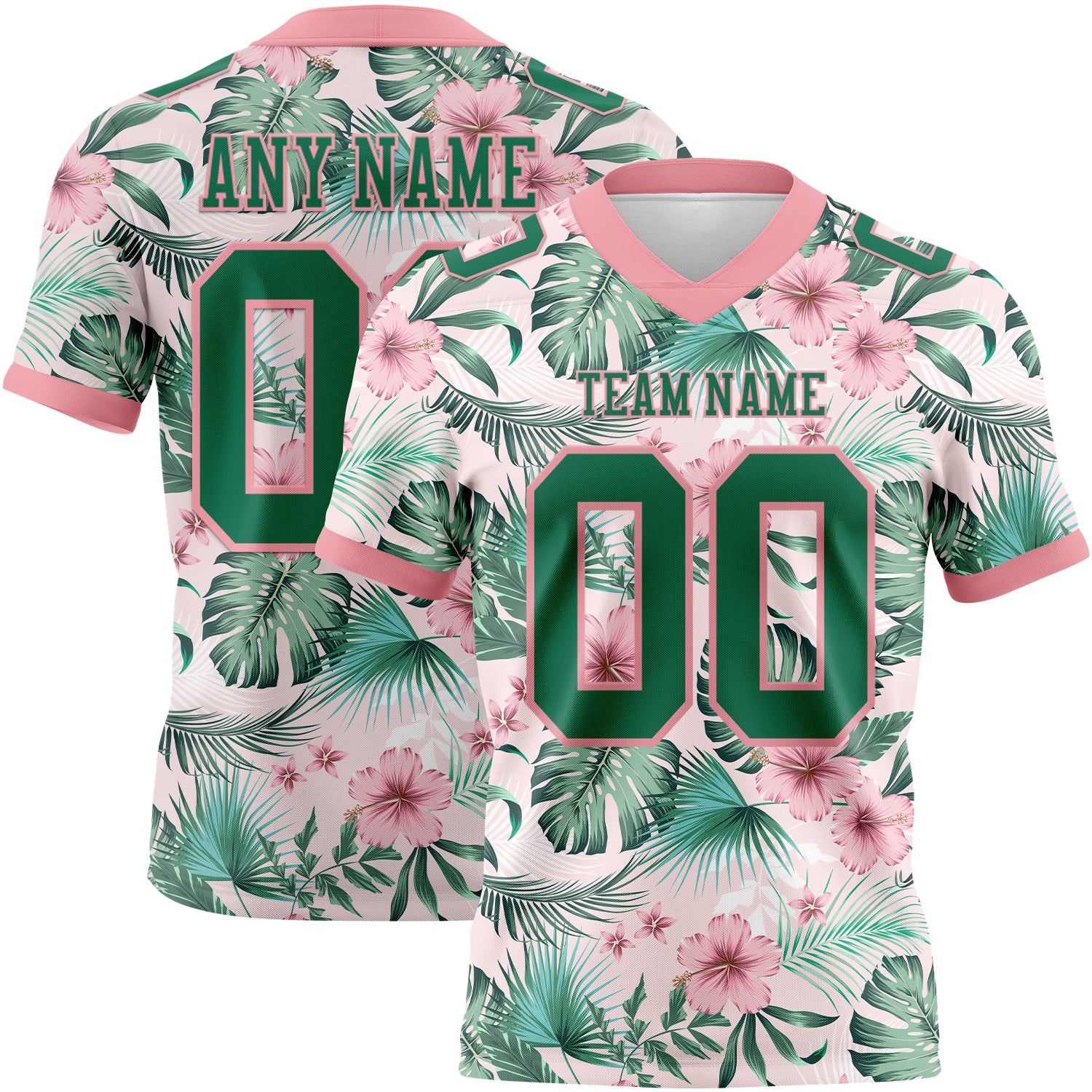 Custom Medium Pink Kelly Green 3D Pattern Hawaii Palm Leaves And Flowers Authentic Football Jersey