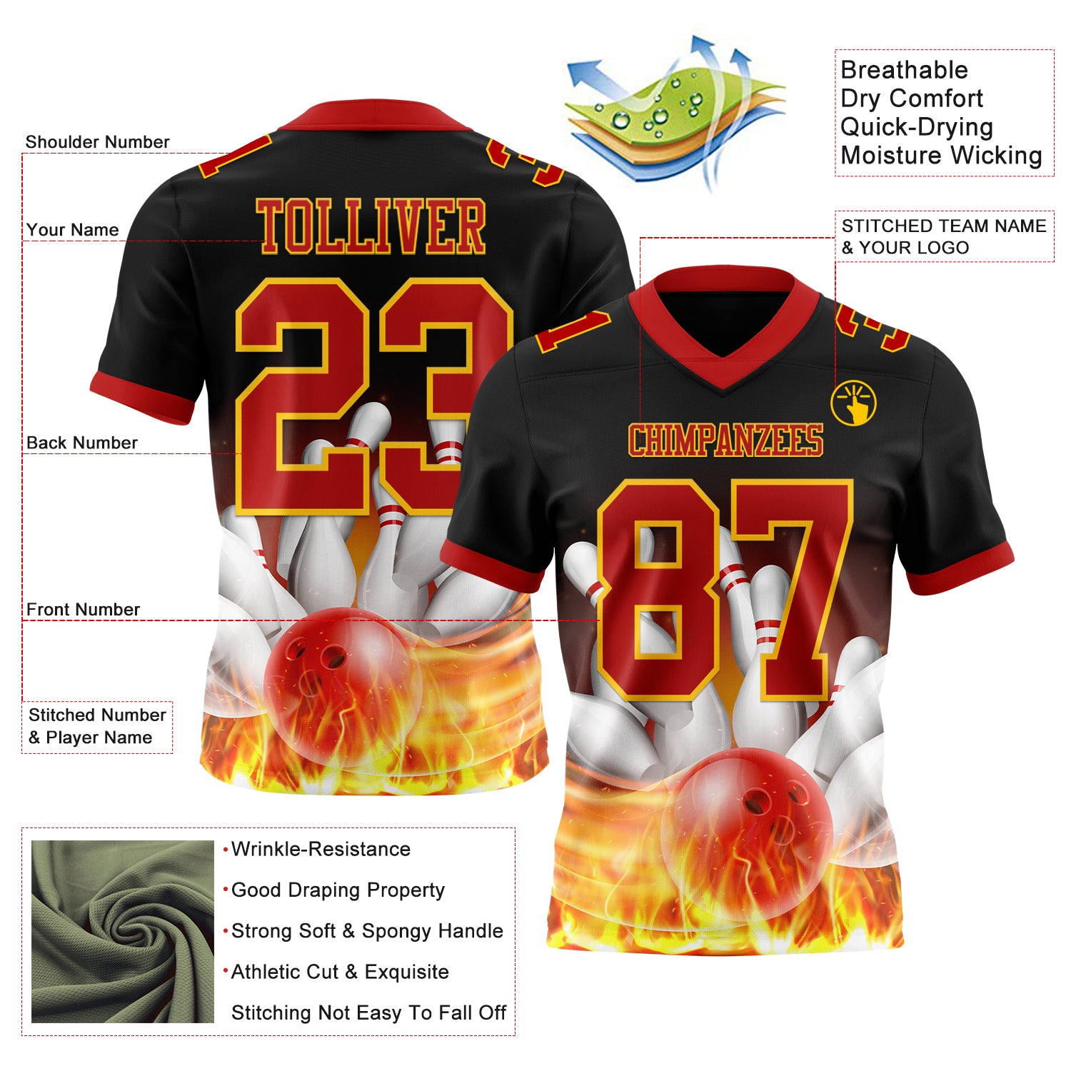 Custom Black Red-Yellow 3D Pattern Flame Bowling Authentic Football Jersey