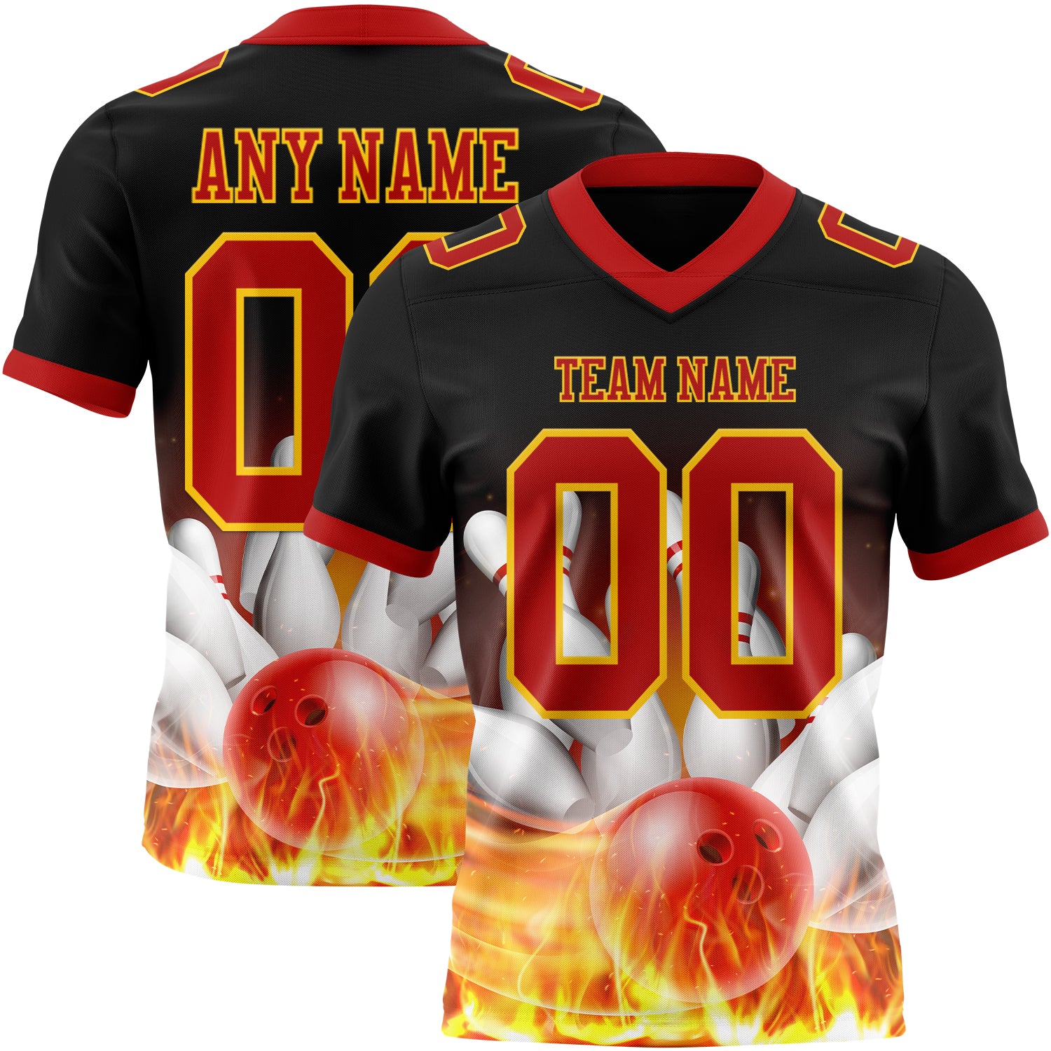 Custom Black Red-Yellow 3D Pattern Flame Bowling Authentic Football Jersey