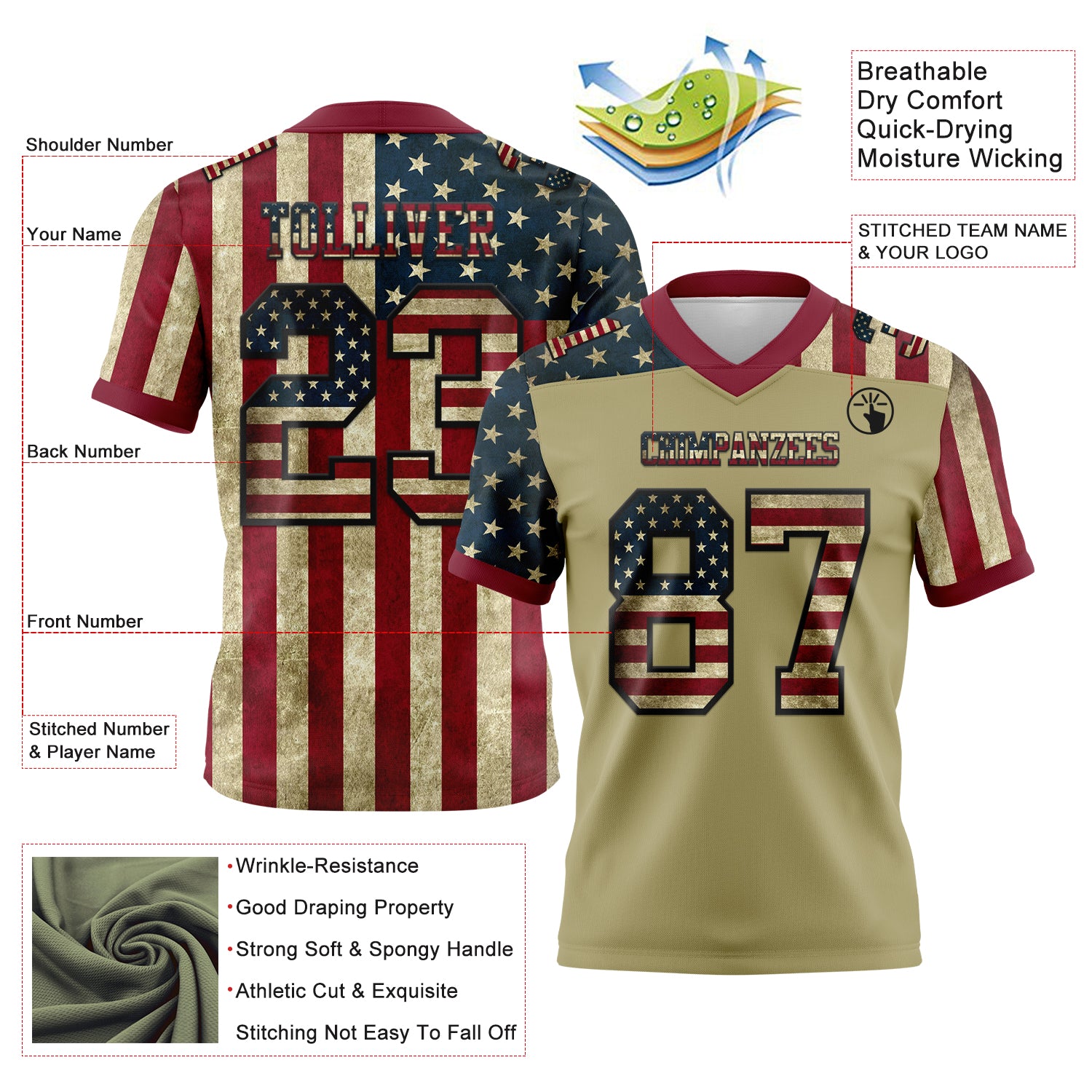 Custom Cream Vintage USA Flag Crimson-Black 3D Pattern Authentic Football Jersey