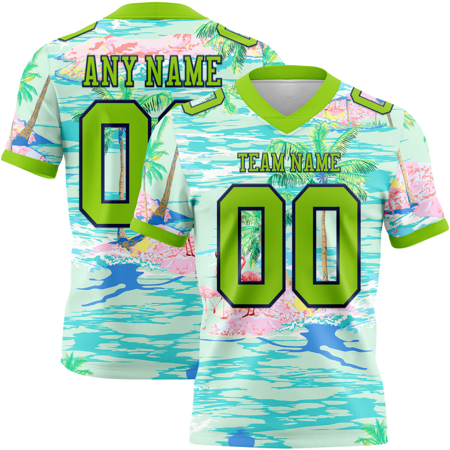 Custom Lakes Blue Neon Green-Navy 3D Pattern Beach Hawaii Palm Trees And Flamingo Authentic Football Jersey