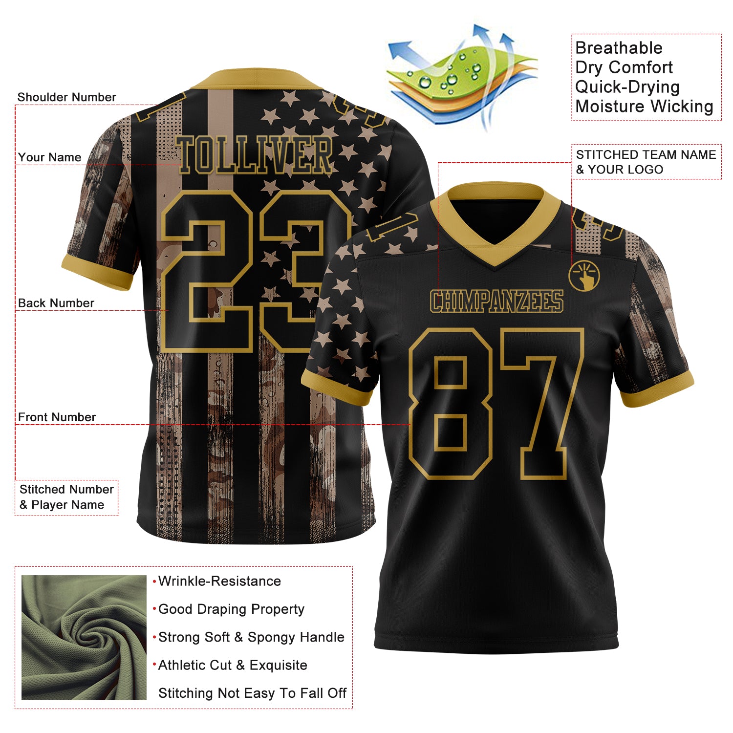 Custom Black Old Gold 3D Pattern American Flag Authentic Football Jersey