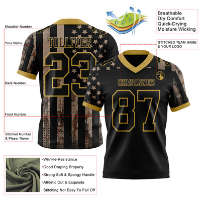 Custom Black Old Gold 3D Pattern American Flag Authentic Football Jersey