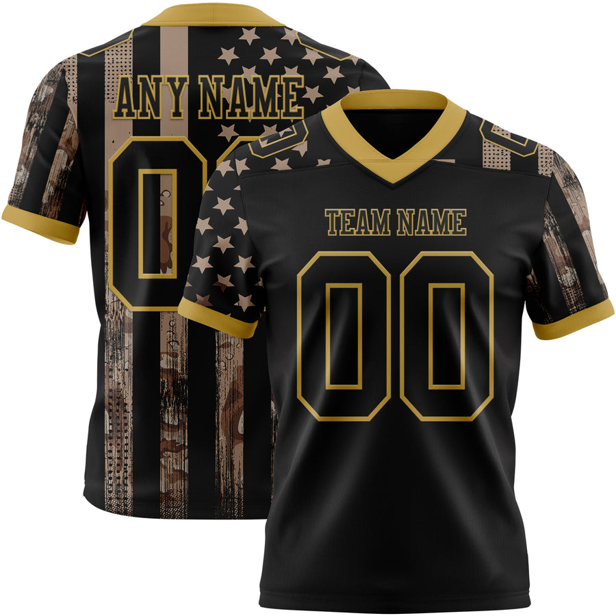 Custom Black Old Gold 3D Pattern American Flag Authentic Football Jersey