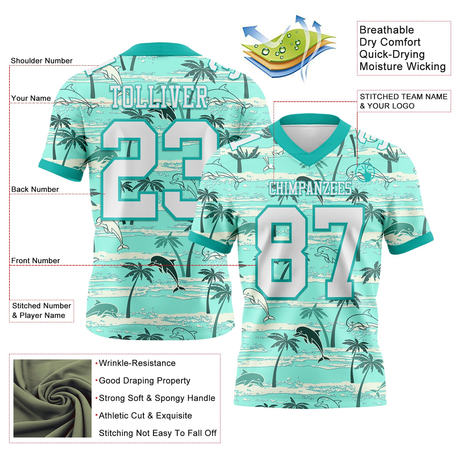 Custom Aqua White 3D Pattern Hawaii Palm Trees Authentic Football Jersey