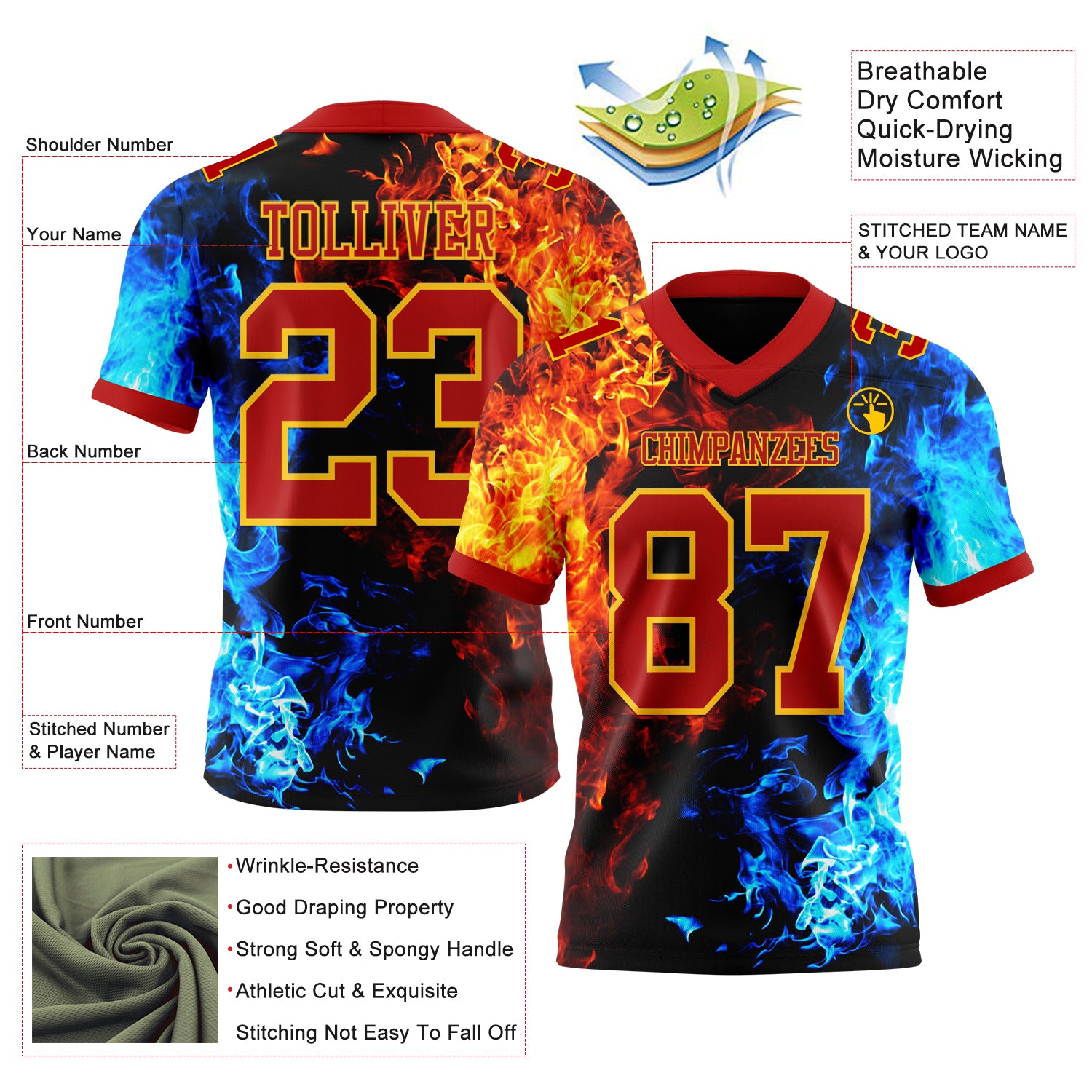 Custom Red Gold 3D Pattern Flame Authentic Football Jersey