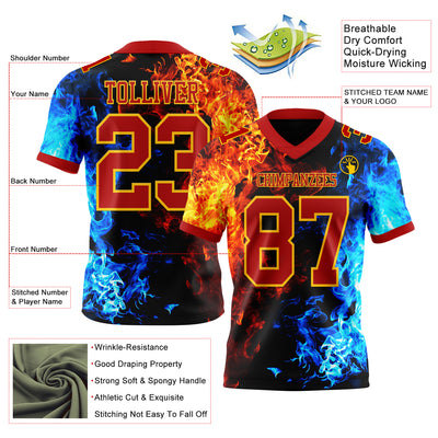 Custom Red Gold 3D Pattern Flame Authentic Football Jersey
