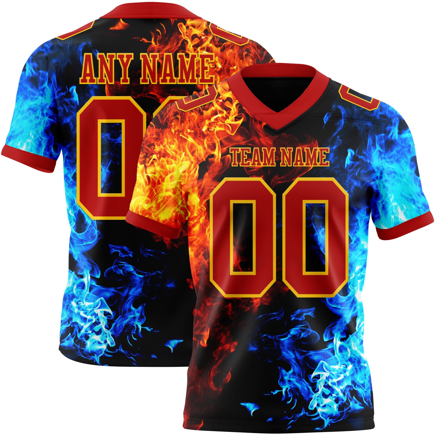 Custom Red Gold 3D Pattern Flame Authentic Football Jersey