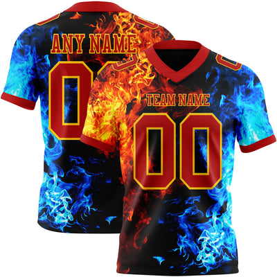 Custom Red Gold 3D Pattern Flame Authentic Football Jersey