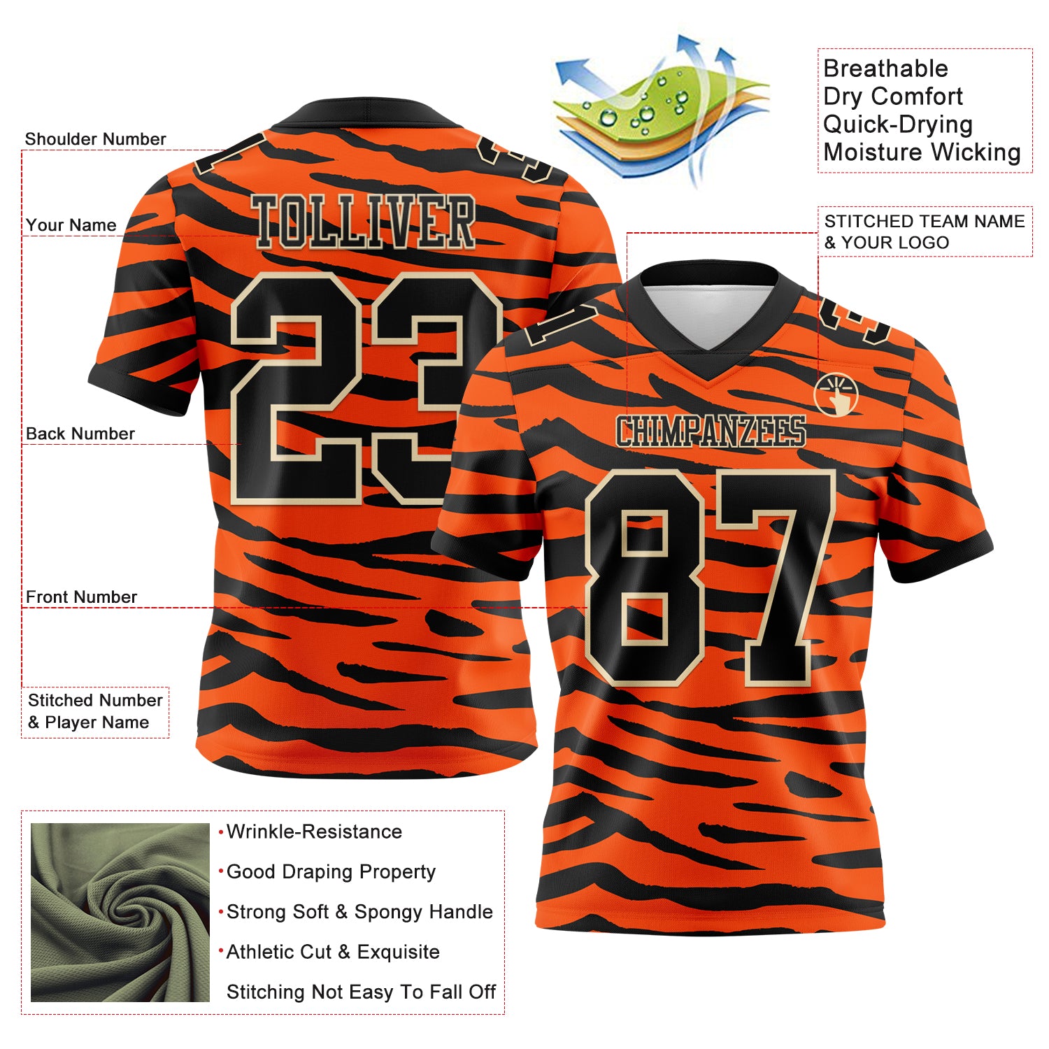 Custom Orange Black-Cream 3D Pattern Tiger Print Authentic Football Jersey