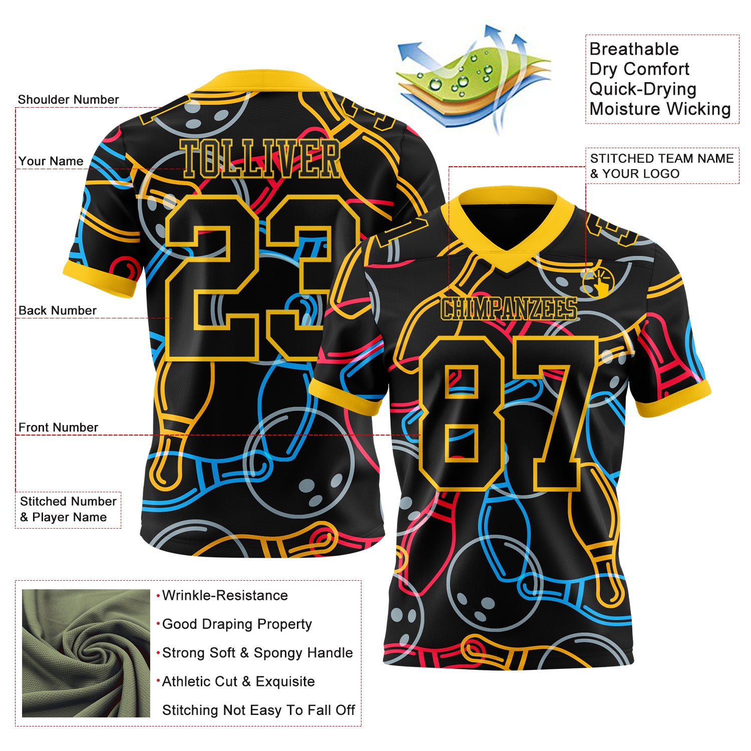 Custom Black Yellow 3D Pattern Bowling Authentic Football Jersey