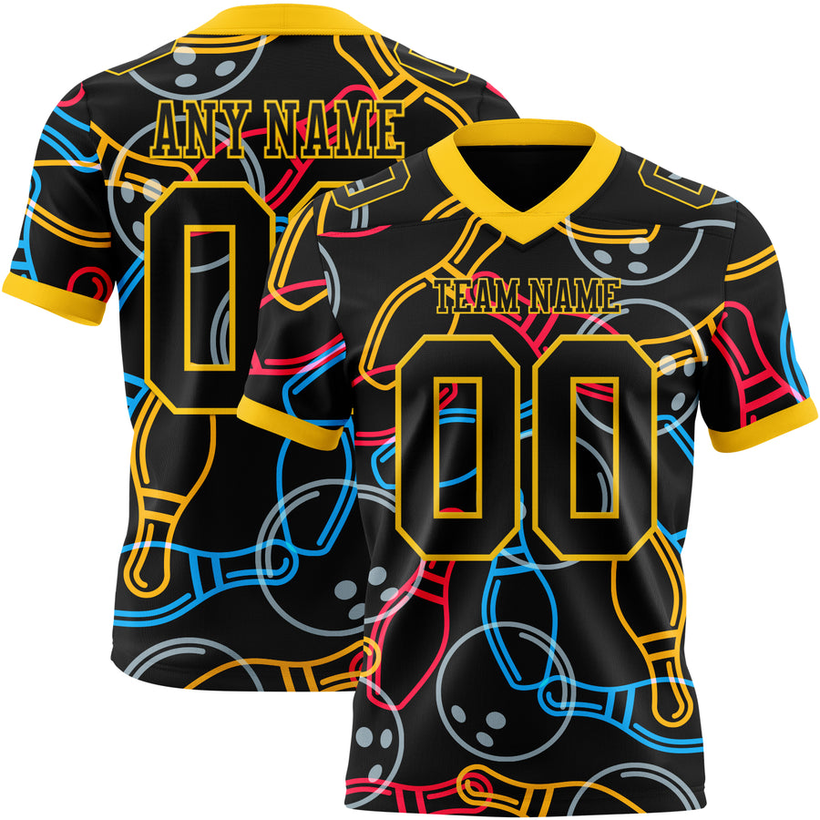 Custom Black Yellow 3D Pattern Bowling Authentic Football Jersey