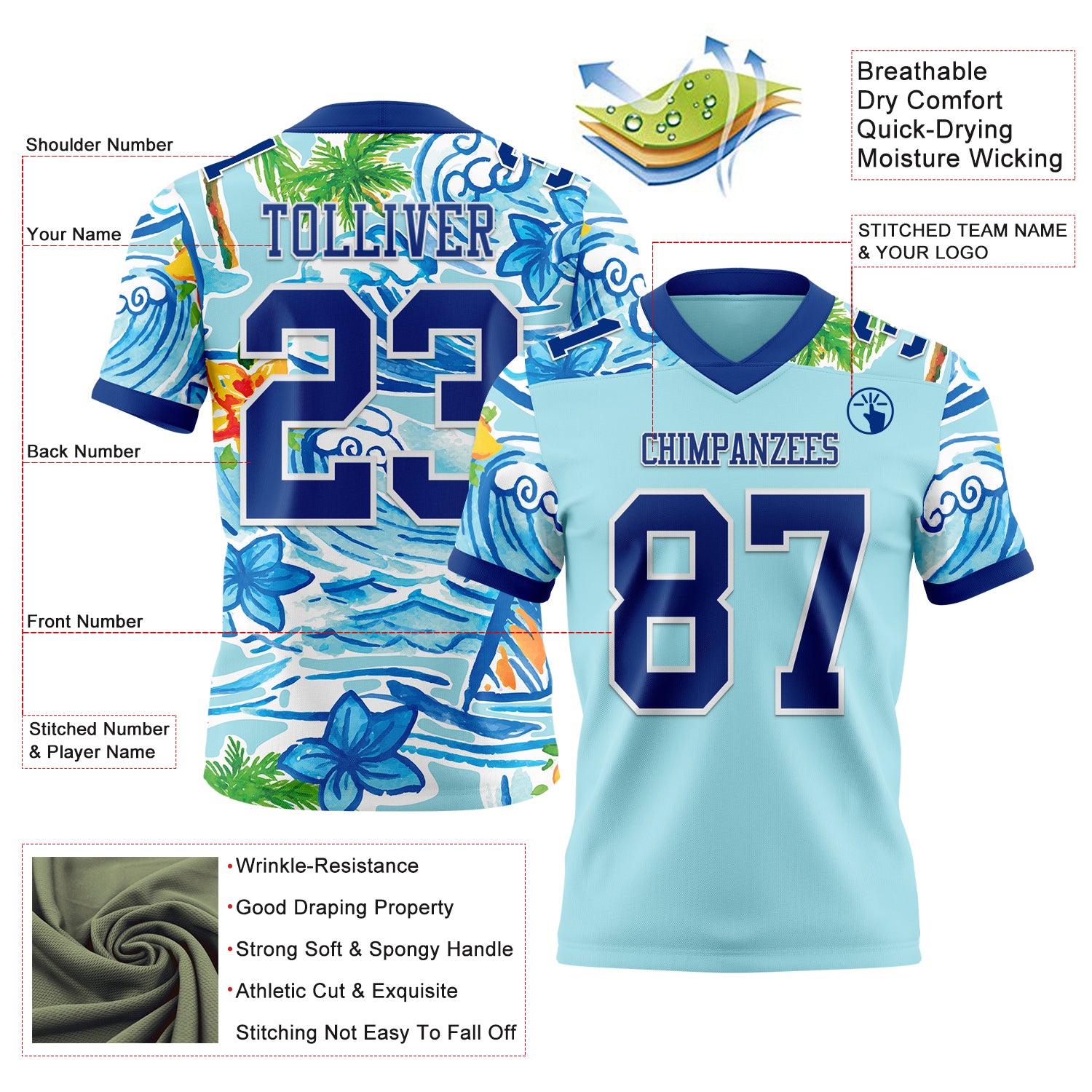 Custom Ice Blue Royal-White 3D Pattern Beach Hawaii Palm Trees And Flowers Authentic Football Jersey