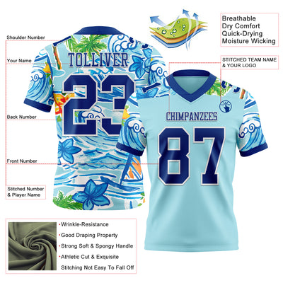 Custom Ice Blue Royal-White 3D Pattern Beach Hawaii Palm Trees And Flowers Authentic Football Jersey