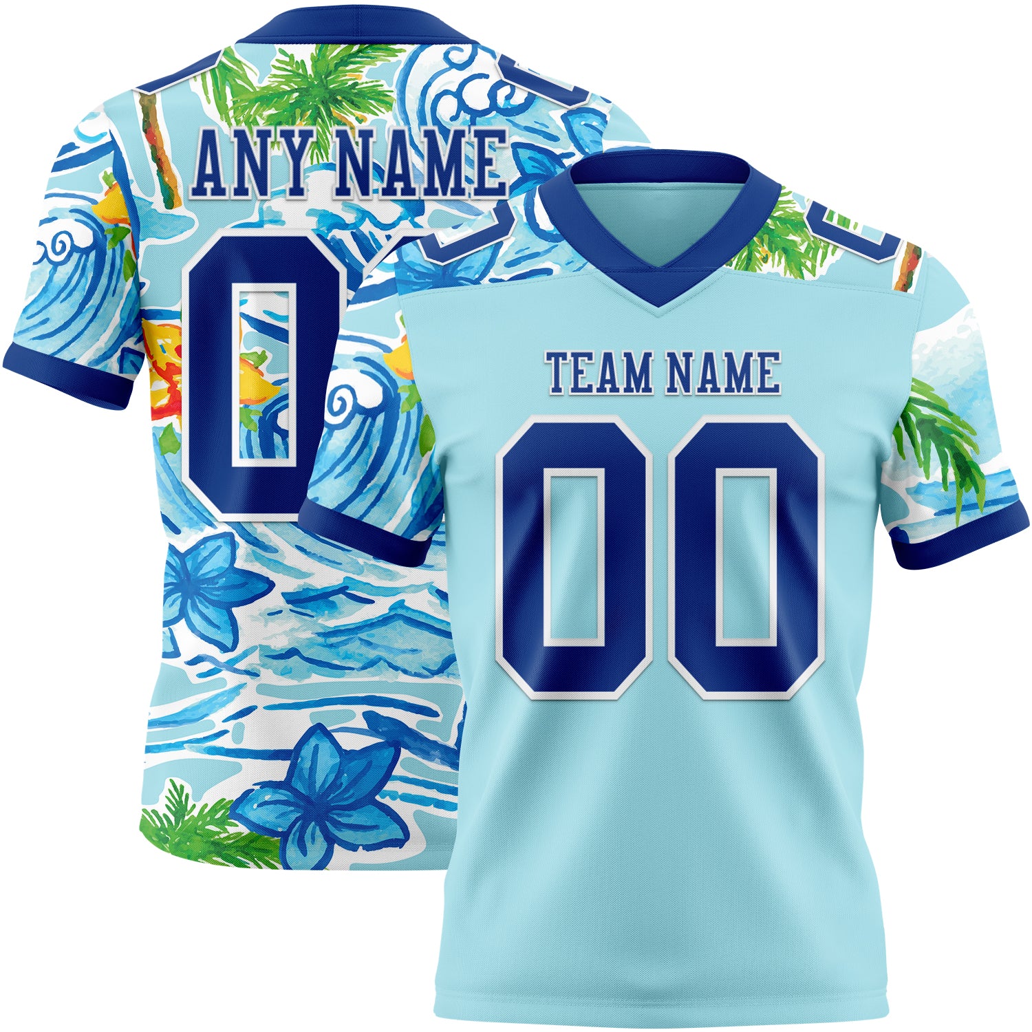 Custom Ice Blue Royal-White 3D Pattern Beach Hawaii Palm Trees And Flowers Authentic Football Jersey