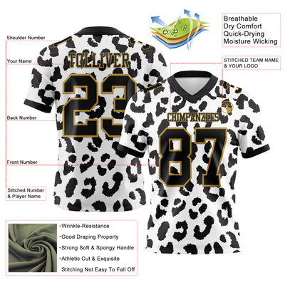 Custom White Black-Old Gold 3D Pattern Leopard Print Authentic Football Jersey