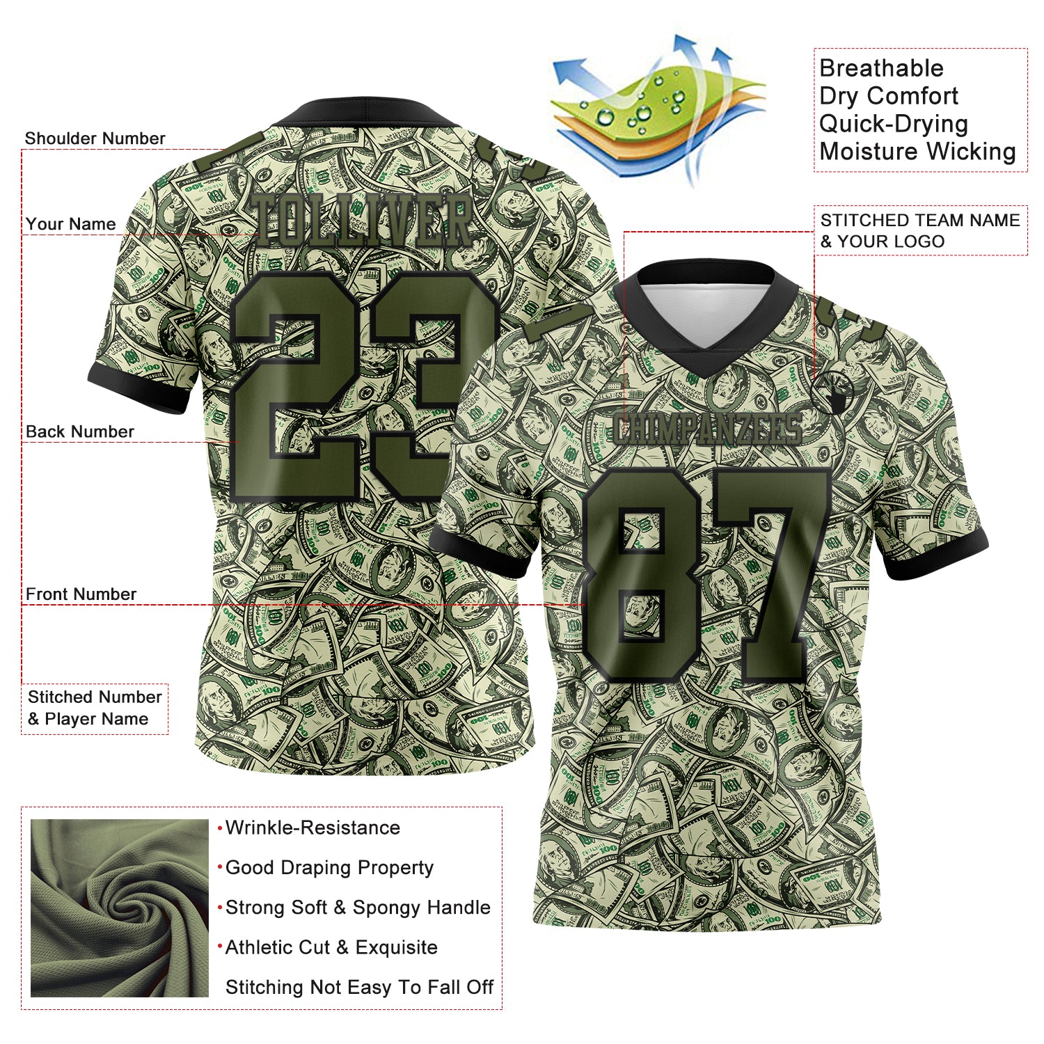 Custom Green Olive-Black 3D Pattern Dollar Authentic Football Jersey