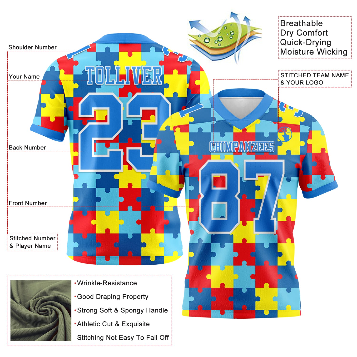 Custom Powder Blue White 3D Pattern Autism Supporter Awareness Puzzle Pieces Authentic Football Jersey