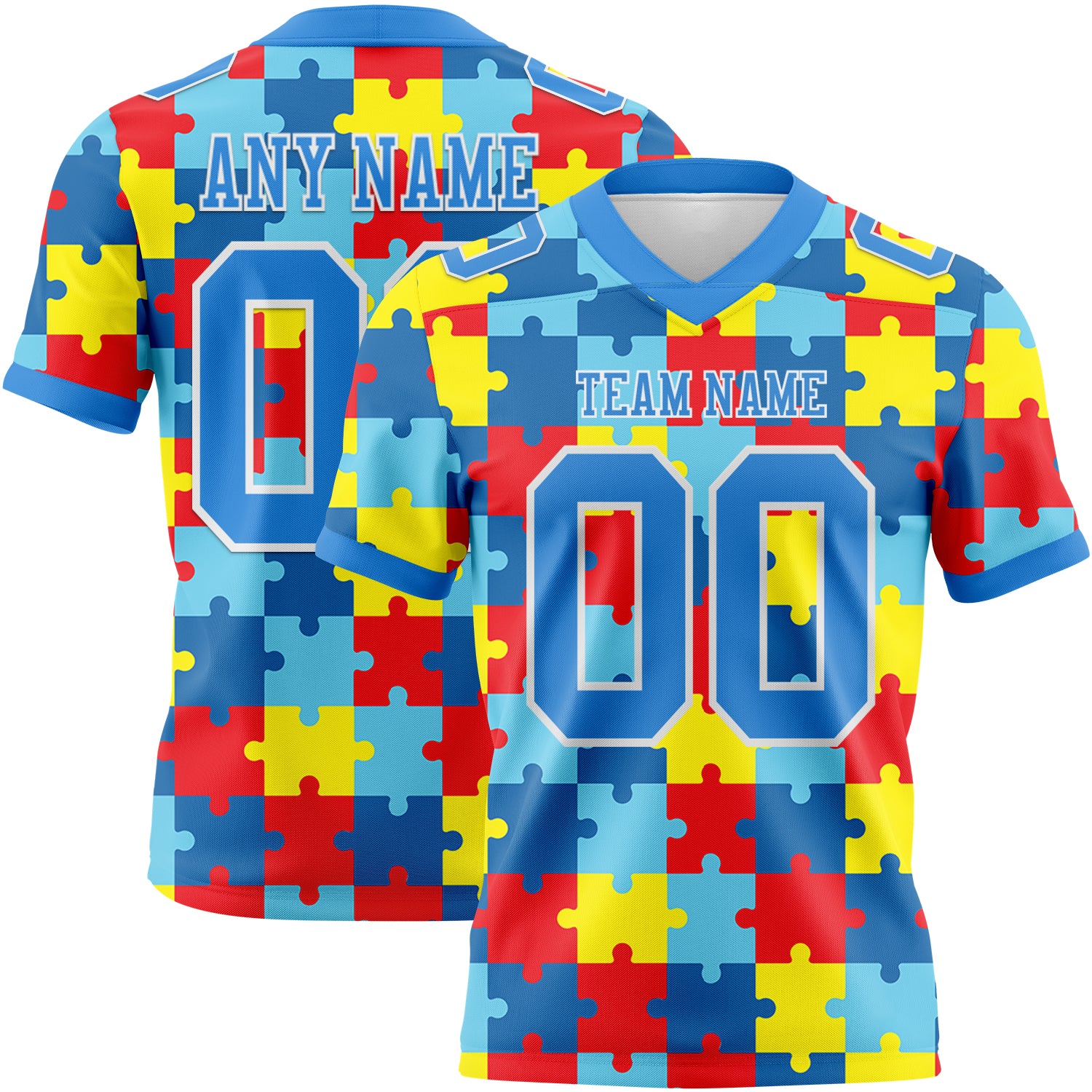 Custom Powder Blue White 3D Pattern Autism Supporter Awareness Puzzle Pieces Authentic Football Jersey