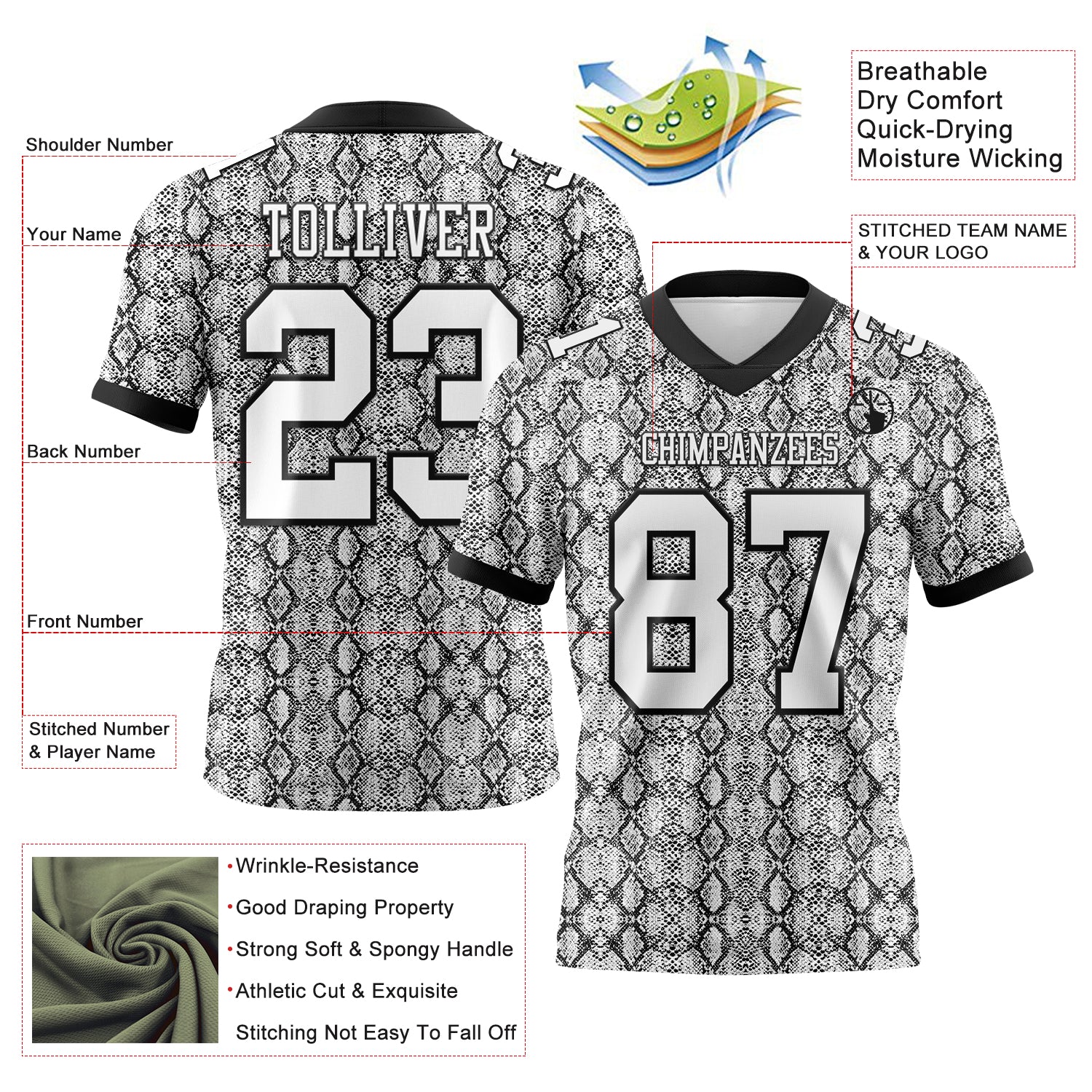 Custom White Black 3D Pattern Snakeskin Print Authentic Football Jersey