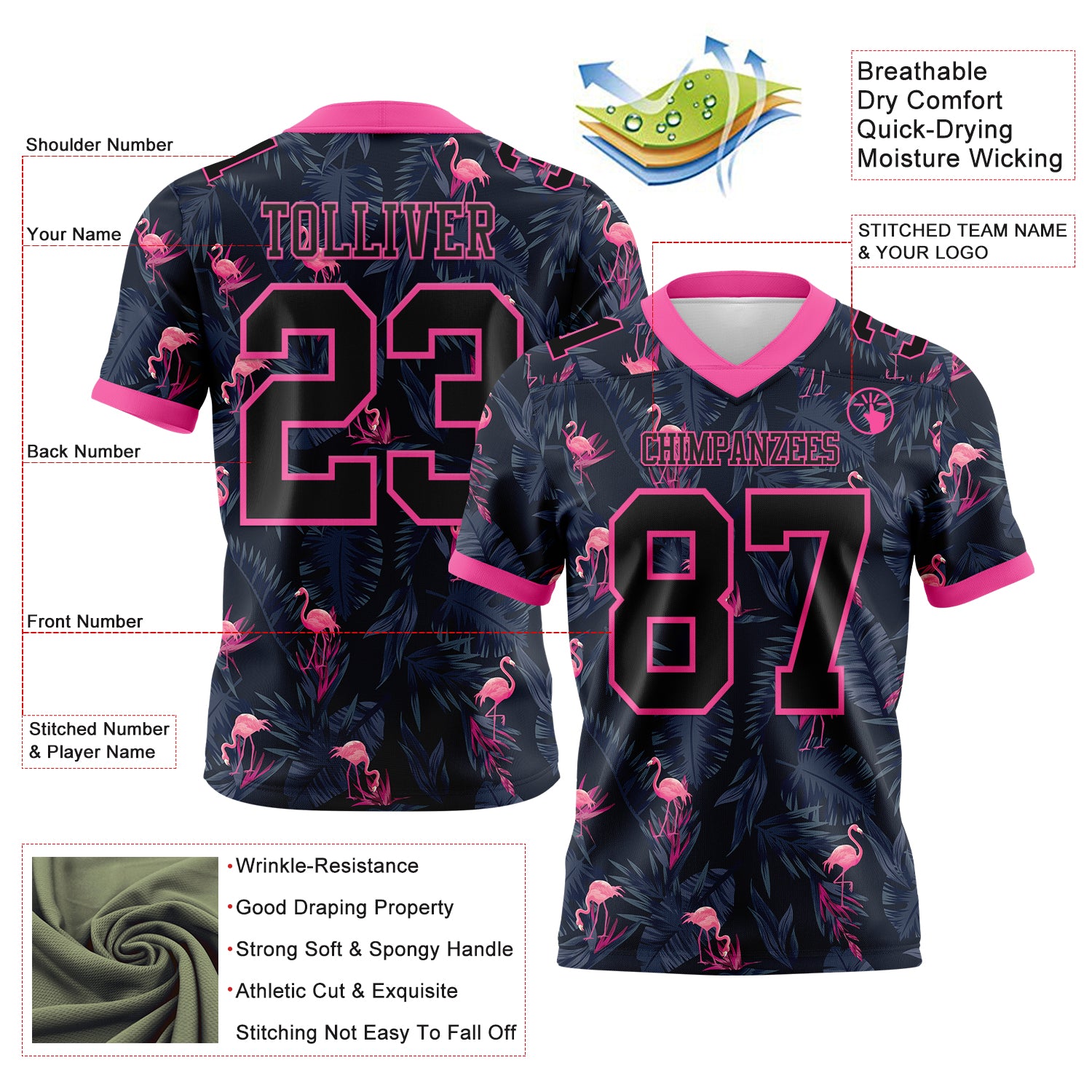 Custom Black Pink 3D Pattern Flamingo Authentic Football Jersey