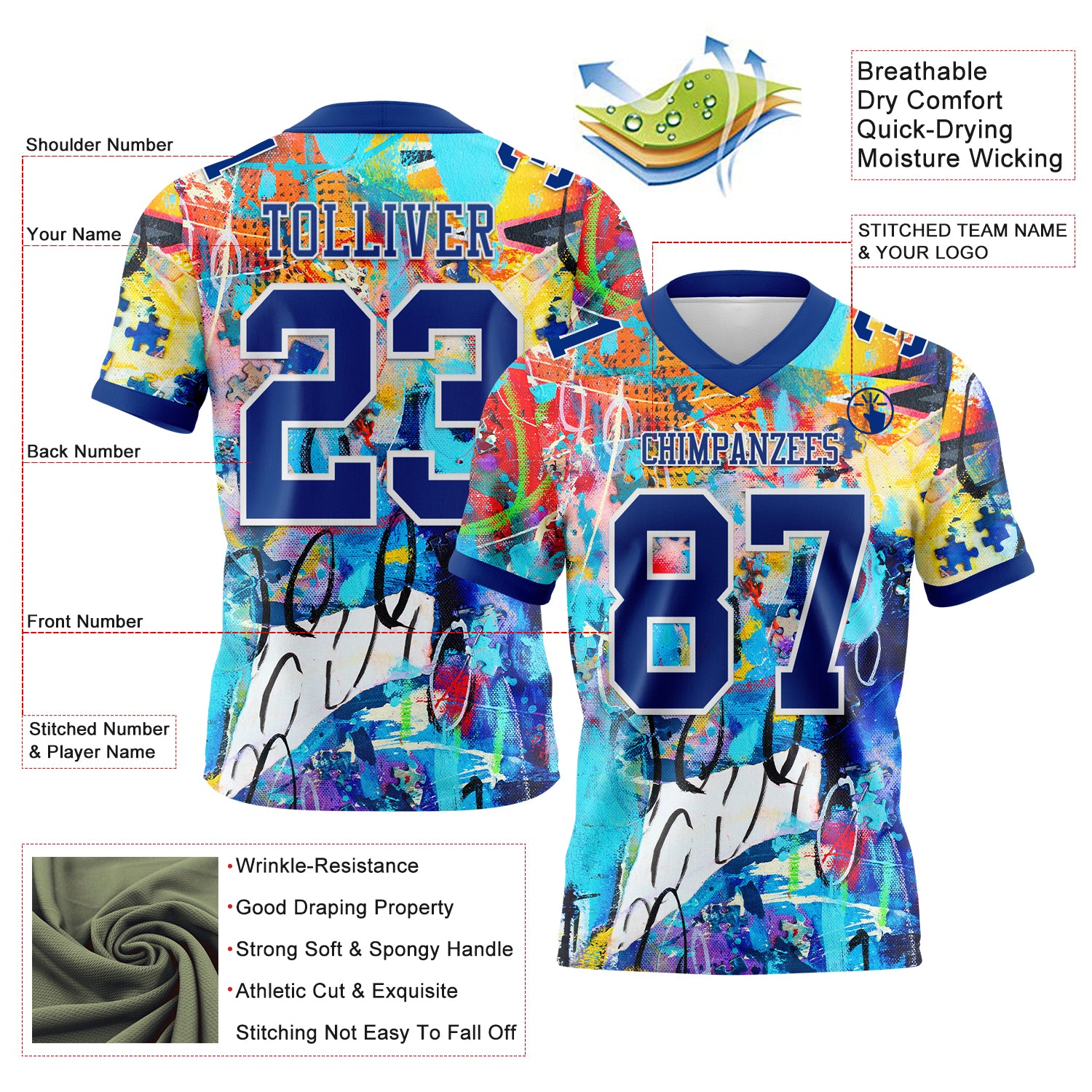 Custom Graffiti Pattern Royal-White 3D Pattern Authentic Football Jersey