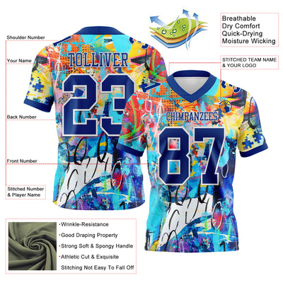 Custom Graffiti Pattern Royal-White 3D Pattern Authentic Football Jersey