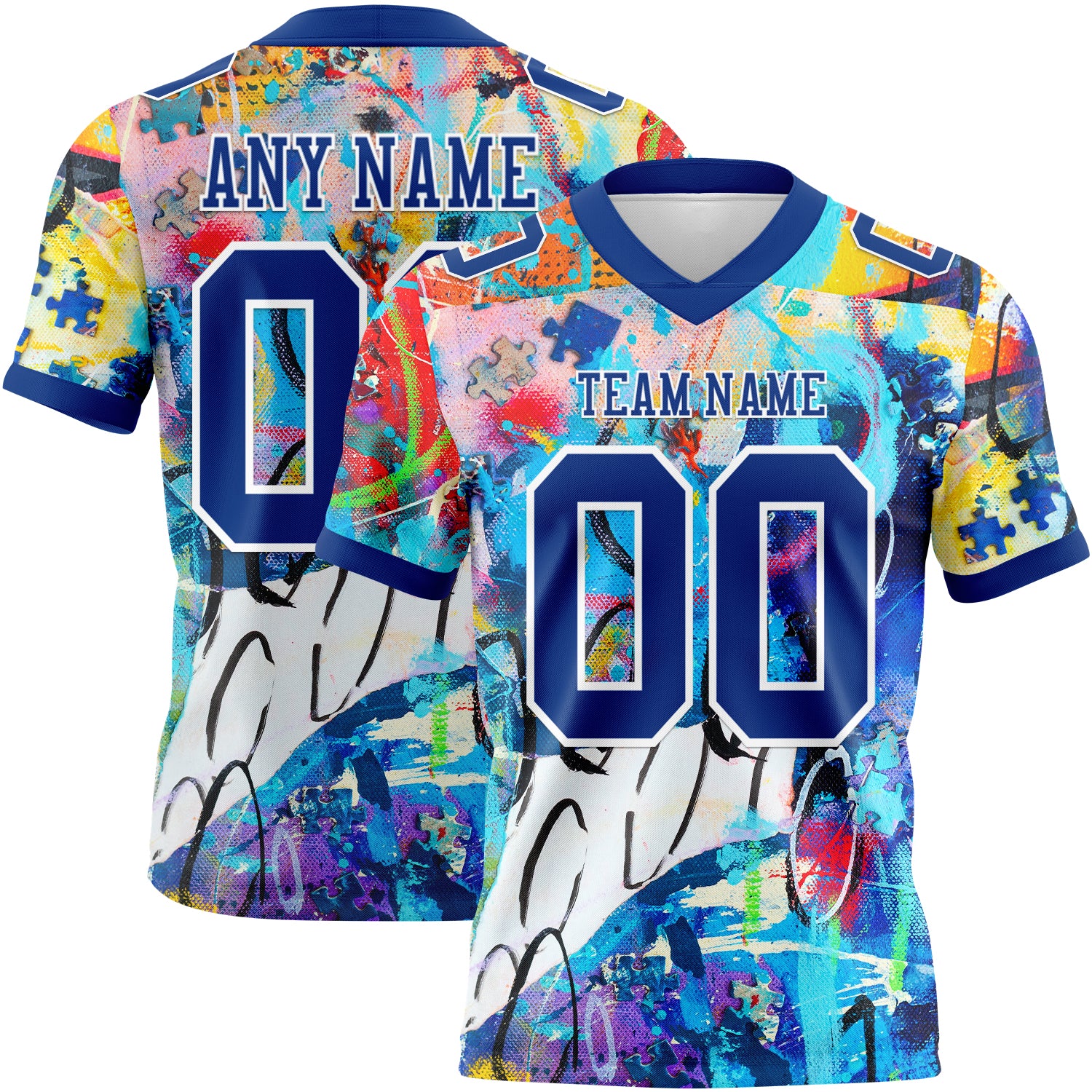 Custom Graffiti Pattern Royal-White 3D Pattern Authentic Football Jersey