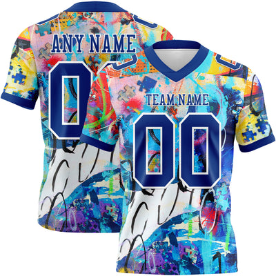 Custom Graffiti Pattern Royal-White 3D Pattern Authentic Football Jersey